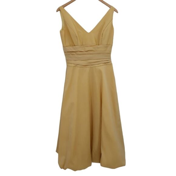 B2 Bridesmaid Dress Retro 60's Fit & Flare Ruched Waist Bubble Hem Midi Yellow - Picture 1 of 10
